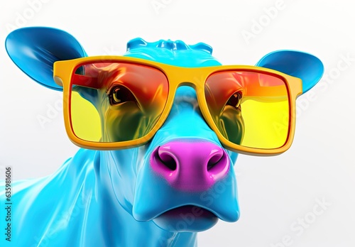 Illustration of a colorful funny figure of a cow with glasses on a white background. Figurine made of ceramics, plasticine, plastic or other material. Digital art. Illustration for design or print.