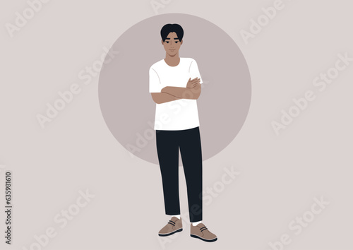 A young character standing with arms crossed, portraying a confident and serene pose, exudes self-assuredness and poise