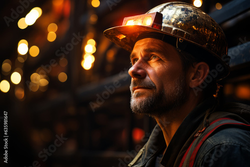 A man wearing a hard hat with lights in the background