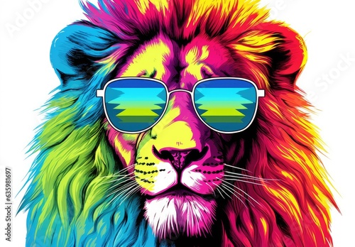 Colorful painting of lion. Digital art of multicolored leo on white background. Full muzzle view. Graffiti style. Printable design for t-shirts, mugs, cases, bags, pillows etc. © Login