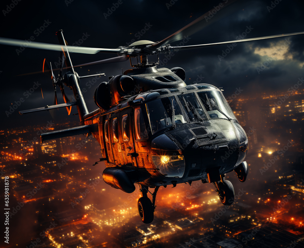 Helicopter flying over a city at night Helicopter flying over a city at night