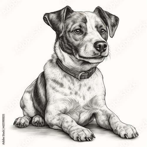 Jack Russell Terrier, engraving style, close-up portrait, black and white drawing, cute dog
