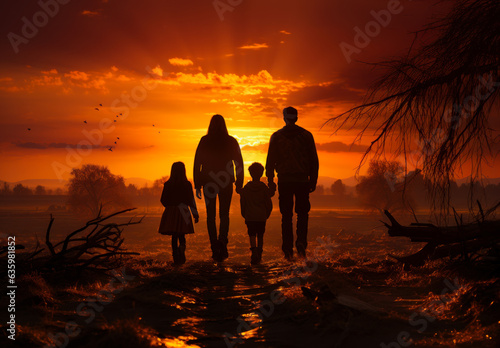 silhouette of a family walking in a lake at sunset. A group of people walking through a field at sunset