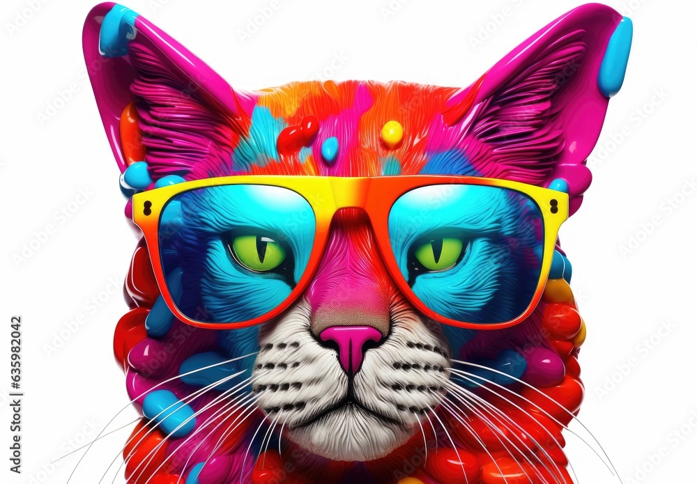 Fototapeta The muzzle of a stylish cat posing in sunglasses is painted with watercolors. Close portrait of furry kitty. Printable design for t-shirt, bag, postcard, case and other products.