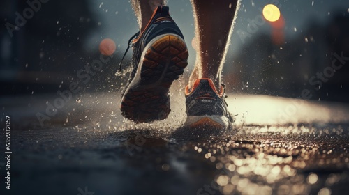 Splash of Determination: A Runner's Resilience Against the Elements with Close Up Shot of Feet in Running Shoes on a Rainy Street