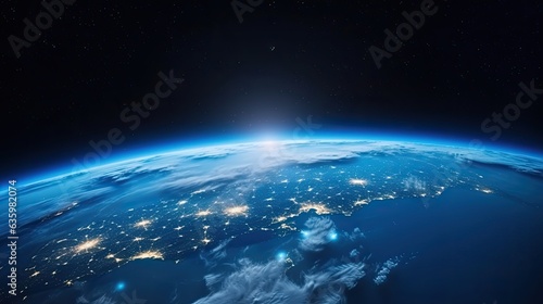 Fototapeta Naklejka Na Ścianę i Meble -  Sunrise over planet earth view from space. City lights infrastructure. Illustration for cover, card, postcard, interior design, decor or print.