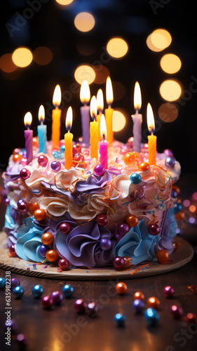 Yummy cake with colorful candles for a birthday celebration