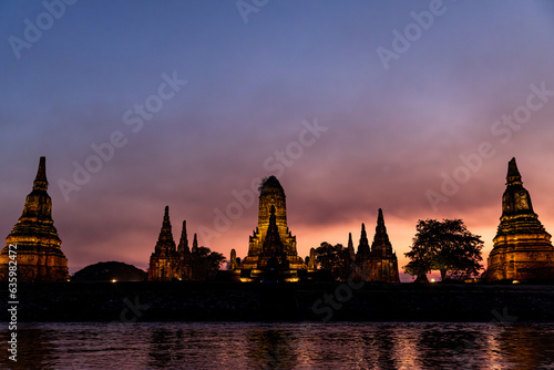 Temples in Ayutthaya during the sunset from the river