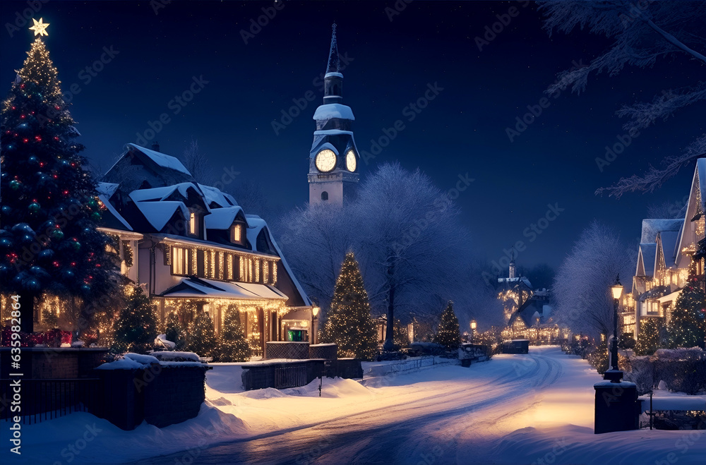 Fototapeta premium A fairy-tale Christmas night in an old European city with a Christmas tree and lights, AI generation