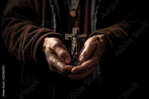 A wooden cross in the hands of an old man during a prayer. Generation AI