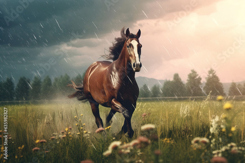 A horse runs quickly through a meadow in stormy weather. Generation AI