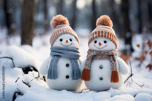 Two merry snowmen in the forest, Christmas and New Year celebrations, AI generation © Volodymyr
