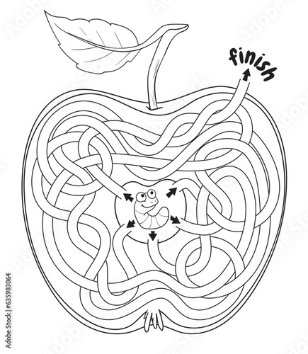 Help the caterpillar through the maze inside the apple. Children logic game. Educational game for kids. Attention task. Choose right path. Funny cartoon character. Coloring book