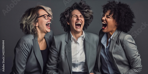 Captivating women in power suits, exuding success and hilarity. Their laughter permeates a minimalist grey backdrop. High in business charm. Generative AI