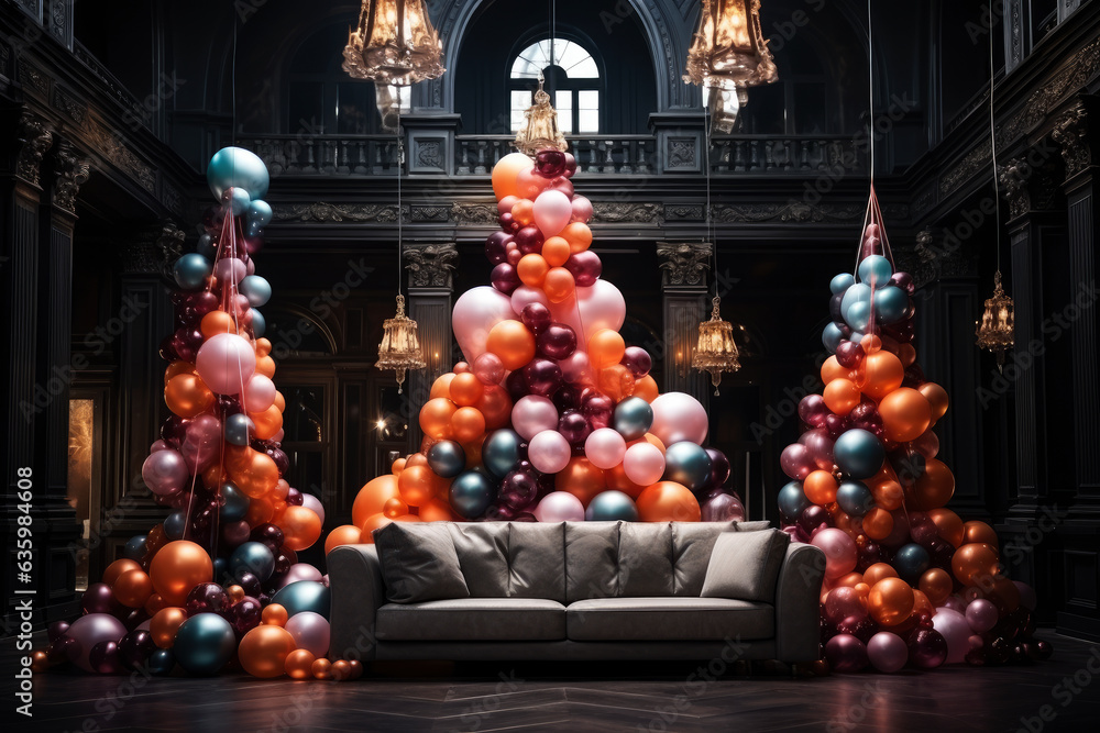 Luxurious interior decorated with balloons for celebrating an important event, birthday, wedding, Christmas