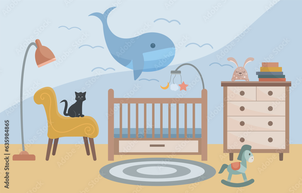 Obraz premium Children's room. Children's bedroom with crib, bedside table, toys, books, armchair, floor lamp. The cat is sitting on a chair. Interior concept. Vector illustration in a flat style.