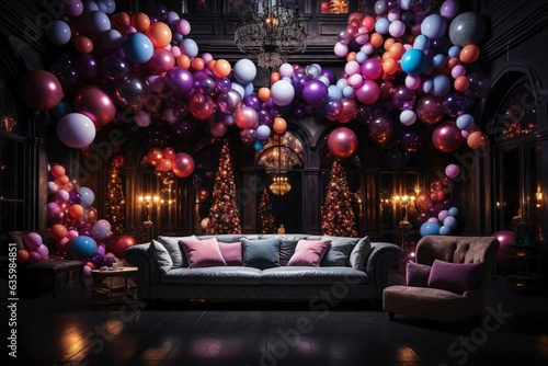 Foto Luxurious interior decorated with balloons for celebrating an important event, b