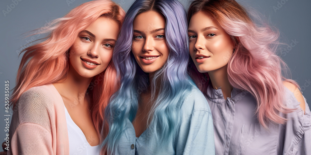 Inspirational trio of young women with diverse hair lengths - short, medium and long, radiating confidence and charm against a gradient-colored background. Generative AI Inspirational trio of young women with diverse hair lengths - short, medium and long, radiating confidence and charm against a gradient-colored background. Generative AI