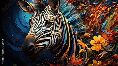  a painting of a zebra surrounded by colorful flowers and butterflies.  generative ai