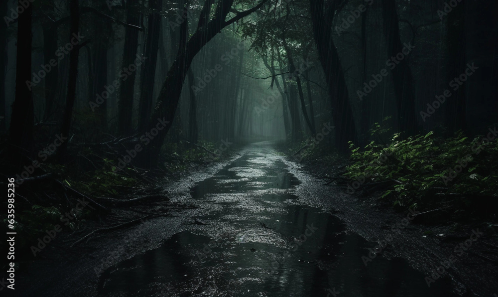 A Dark Scary Path Through a Lush Rainy Forest