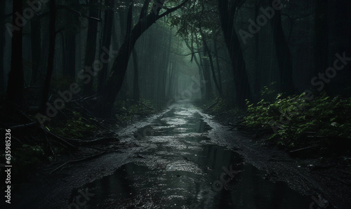A Dark Scary Path Through a Lush Rainy Forest © Adam