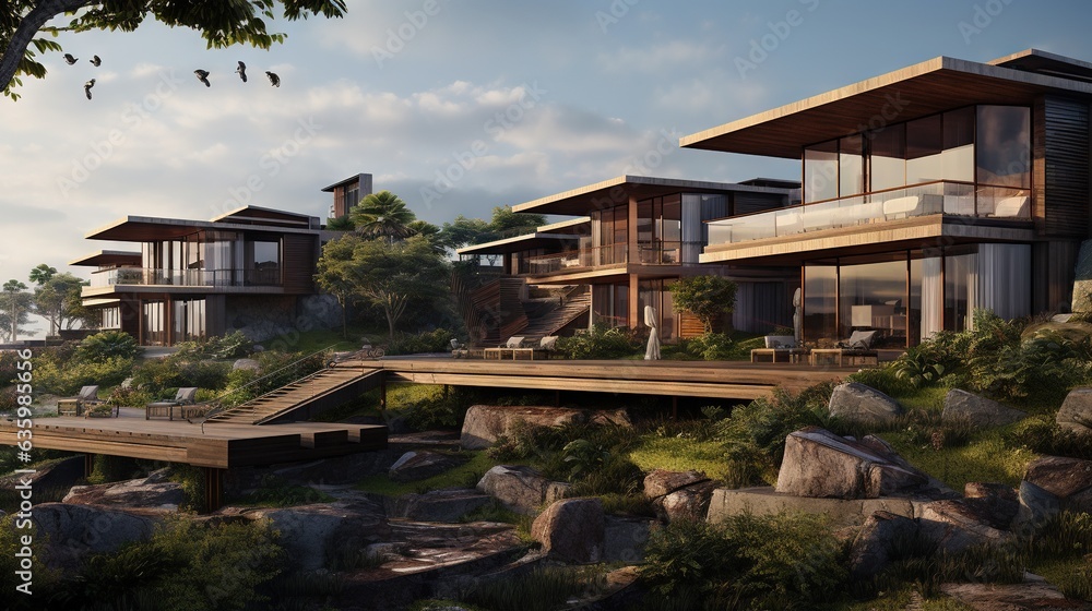 a rendering of a house on a cliff overlooking the ocean. generative ai a rendering of a house on a cliff overlooking the ocean. generative ai
