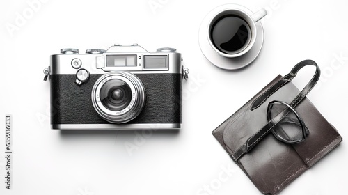 World photography background with camera, coffee, and glasses, generated by AI