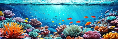 underwater coral reef landscape wide panorama background in the deep blue ocean with colorful fish and marine life . Banner © useful pictures