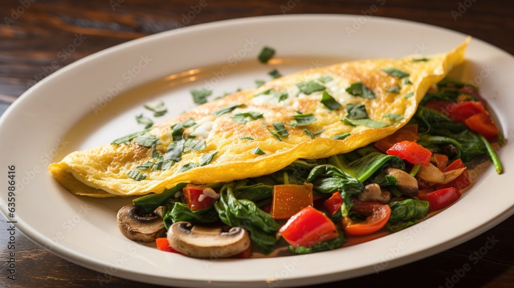  an omelet with spinach, mushrooms, and tomatoes on a plate.  generative ai