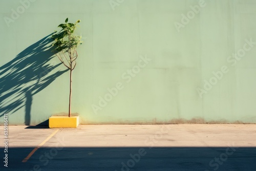 A potted tree against a vibrant green wall under sunlight. Urban plant concept with striking shadows outdoors. Minimalistic scene with space for text