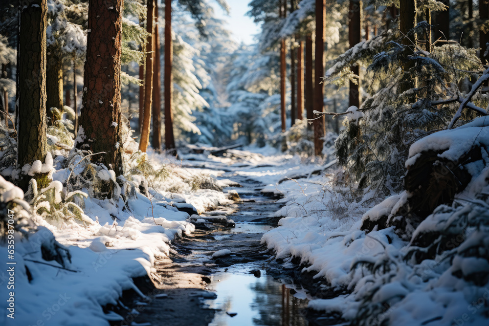 Freezing road in a snowy winter forest, snow and ice in nature, beautiful winter landscape Freezing road in a snowy winter forest, snow and ice in nature, beautiful winter landscape