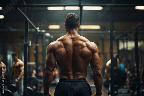 muscular bodybuilder  handsome men doing gym back side view, Handsome strong athletic men pumping up muscles workout bodybuilding concept background - muscular bodybuilder handsome men doing exercises photo
