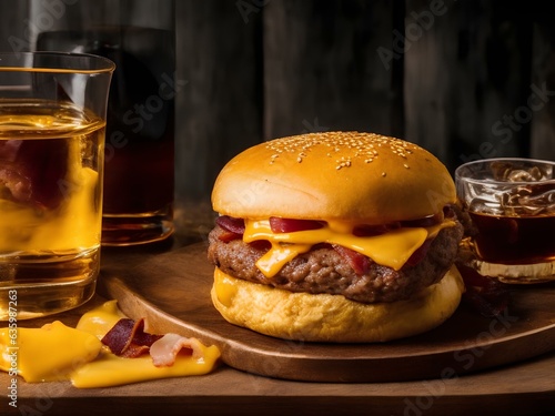a delicious triple meat burger with bacon and yellow cheese, accompanied with a glass of whiskey on the rocks