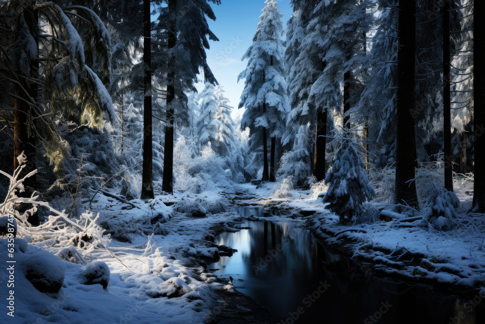 Fototapeta premium Freezing river in a snowy winter forest, snow and ice in nature, beautiful winter landscape