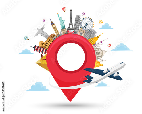 travel landmark around the world and pin with plane. Tourism trip concept. Journey in vacation. vector illustration in flat style modern design. isolated on white background.
