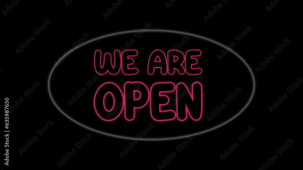Neon sign neon light text glowing animation.We are open Text for store or night club Neon sign neon light text glowing animation.We are open Text for store or night club