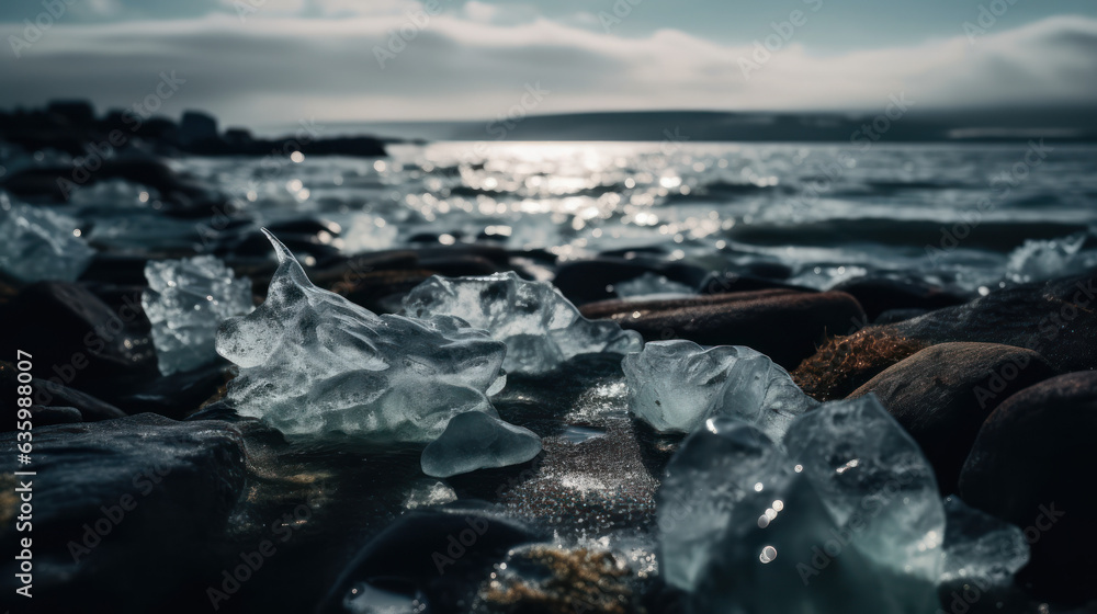 Obraz premium ice pieces melting on the sea coast.