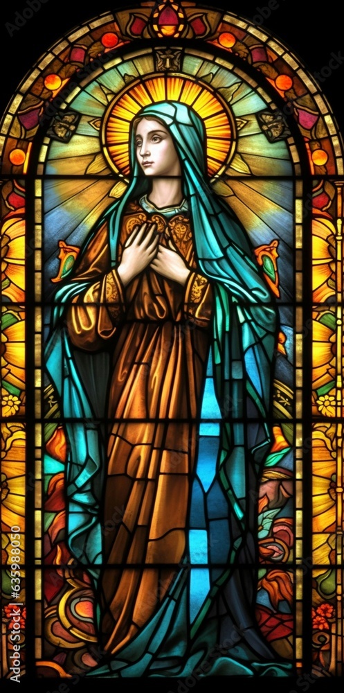 Virgin Mary,  the Patron Saint of the Catholic Church. Generative ai. Stained Glass