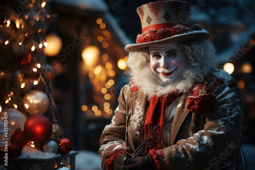 Happy Santa Claus outdoors on the background of a Christmas tree with lights and garlands is preparing to give gifts to children on New Year's Eve