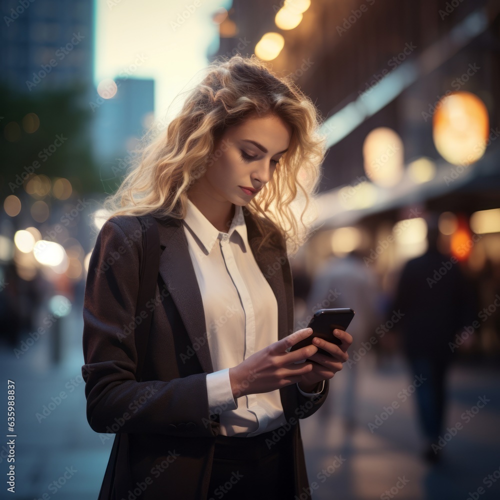 Young businesswoman holding phone. Generative AI Young businesswoman holding phone. Generative AI