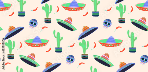 Seamless pattern Mexican maracas. Musical instrument maracas. Sombrero, cartoon style maracas, skull, guitar, cactus. Mexican holiday attribute, traditional latin musical instrument.