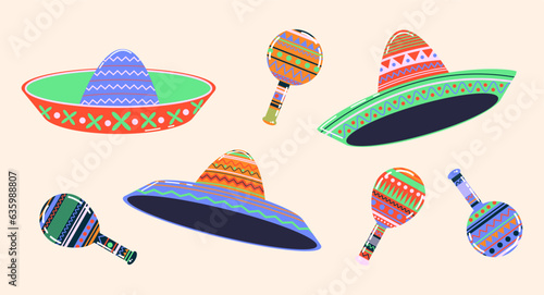 Mexican maracas. Musical instrument maracas. Sombrero, maracas cartoon style. Mexican holiday attribute, traditional latin musical instrument.