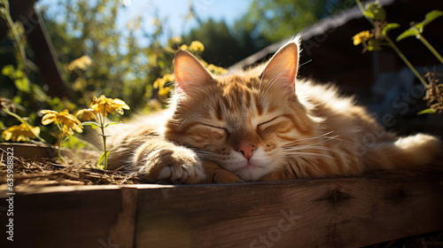 A farm cat who sleeps in the hay in the sunshine.