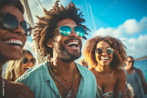 Group of friends having fun on luxury yacht at exclusive boat party. 
