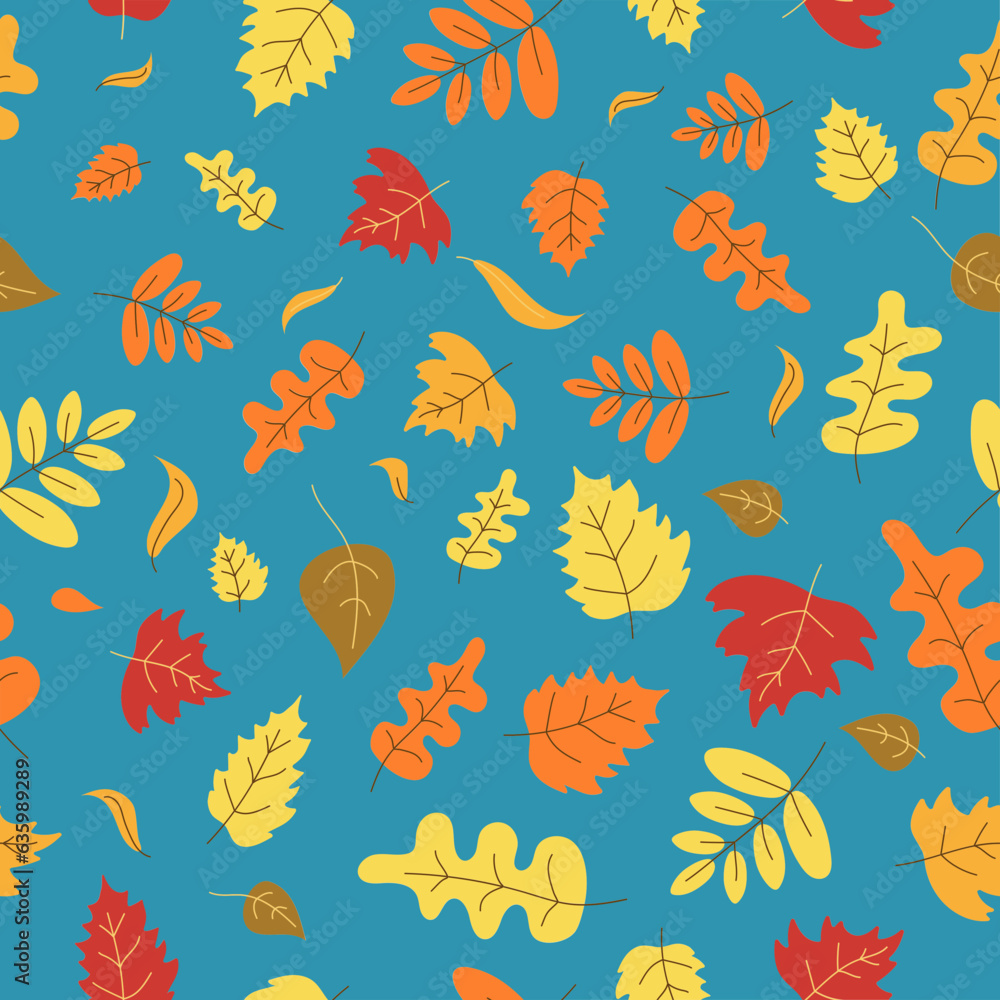 Autumn pattern, set of leaves, maple leaf, rowan leaf, oak leaf. Doodle, drawings, sketch. Autumn season. Contour vector illustration, seamless  texture, Background. 