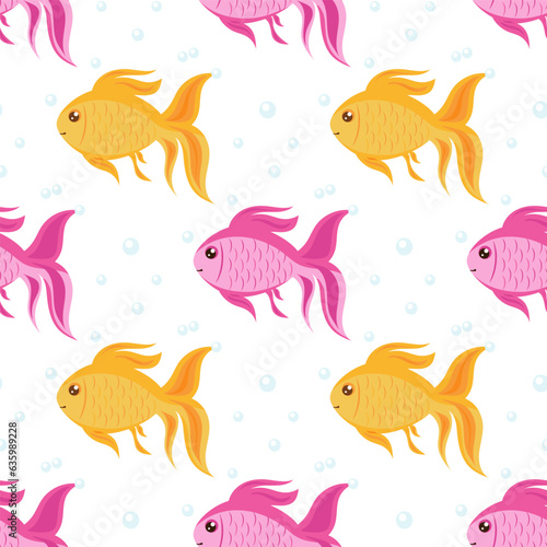 Red and yellow fish. Seamless background. Cartoon style wallpaper
