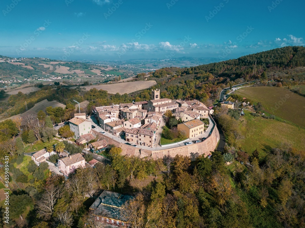 Aerial shot of the village of Montefabbri in Pesaro and Urbino, Italy