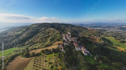Aerial shot of the village of Colbordolo in Macerata, Italy