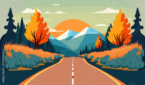 Landscape of mountain empty road in autumn with pines, bushes, orange grass Flat colorful vector illustration