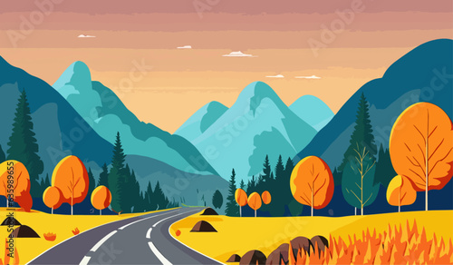 Landscape of mountain empty road in autumn with pines, bushes, orange grass Flat colorful vector illustration
